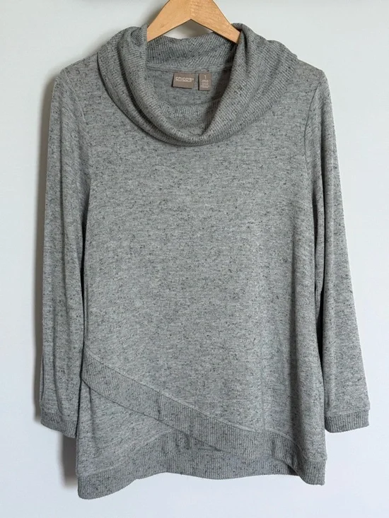 Chico’s Grey Heathered Cowl Neck Crossover Hem Long Sleeve Sweater Size 1 - Picture 1 of 12